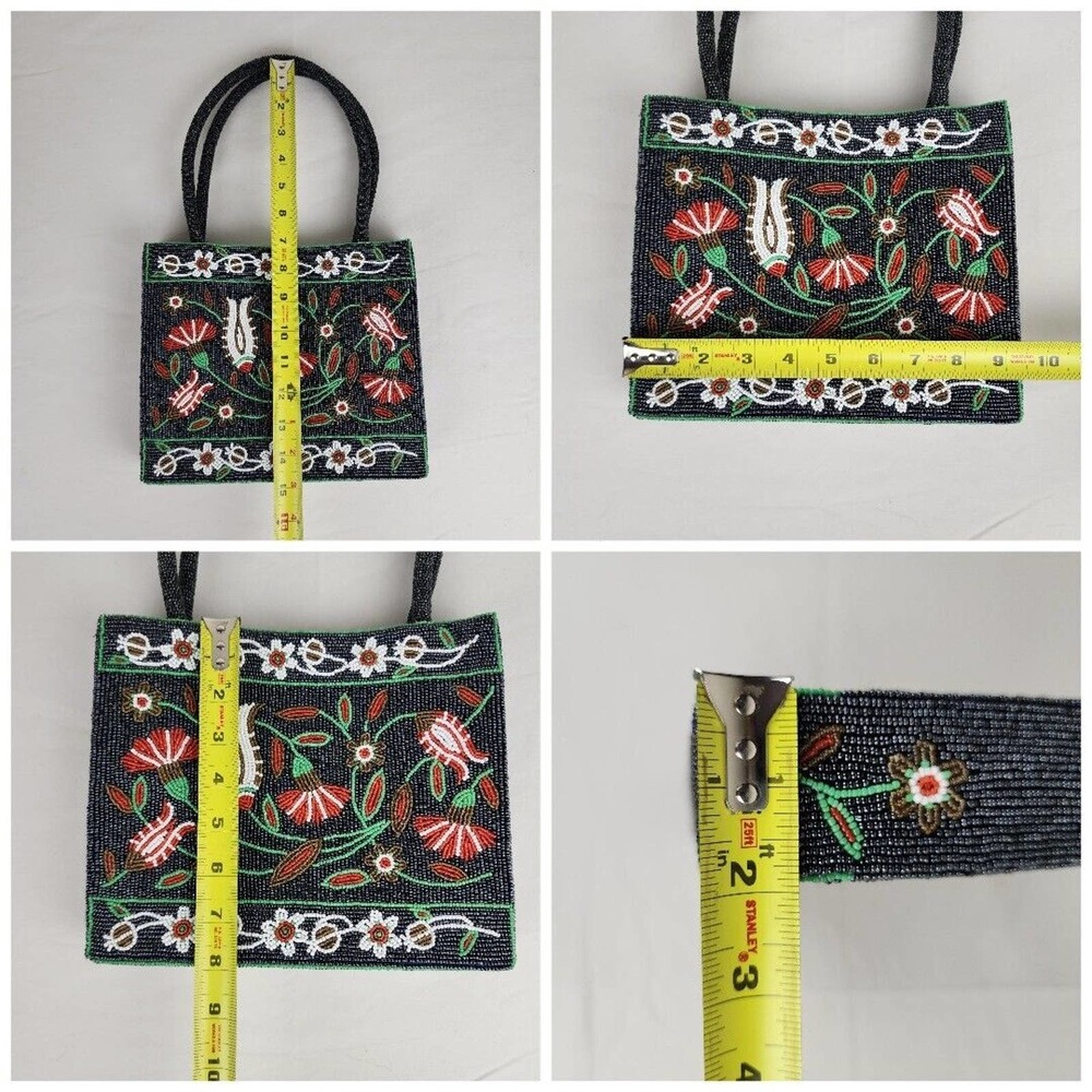 Vintage Handbag Glass Seed Beaded Floral Purse Black Red Flower Vietnamese - Picture 2 of 11